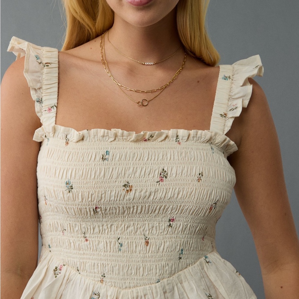 American Eagle Floral Cream Ruffle Peplum Top S
